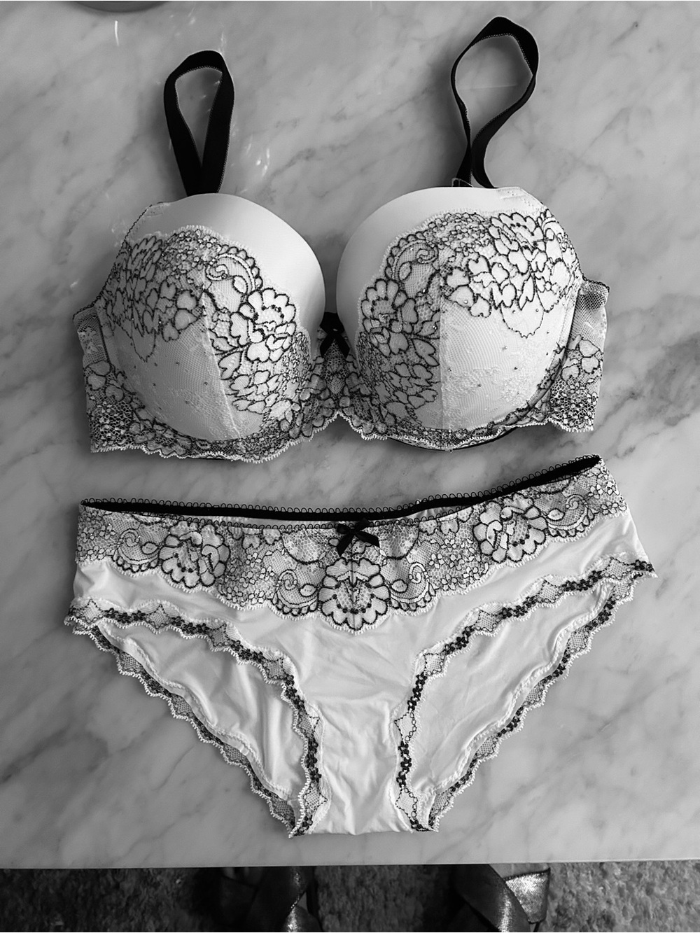 Victoria's Secret White Bra & Panty Set with Black Lace